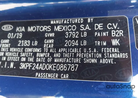 2019 Kia Forte Lxs из США, поврежденный, VIN 3KPF24AD0KE086787